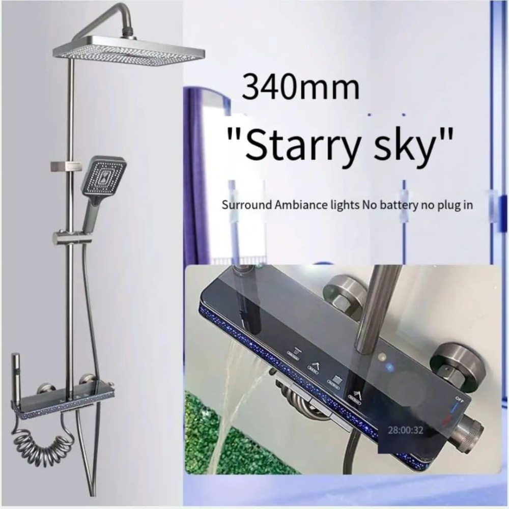 X-XONIER® Luxury thermostate Shower System, 4-in-1shower set with Large Overhead+3 Ways Hand Shower, 1 way biget gun and tub spout, Temperature Dispaly, Star Galaxy LED lights shower panel (grey) - Image 4