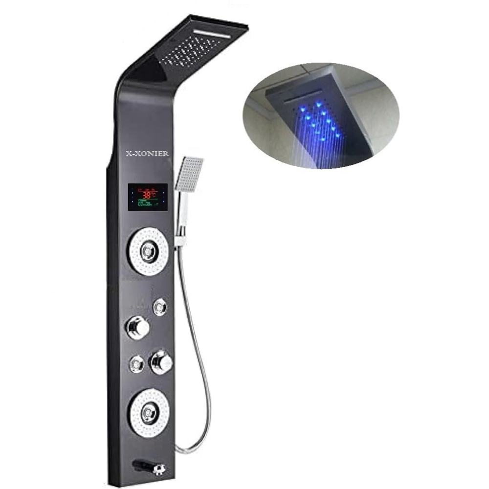 X-XONIER Stainless Steel 304 Grade Shower Panel 6in1 Tower System With LED Rainfall Shower Body Massage Spray SS Handheld Shower Temperature Display Easy Connect Shower Panel Mirror Finish Black - Image 5