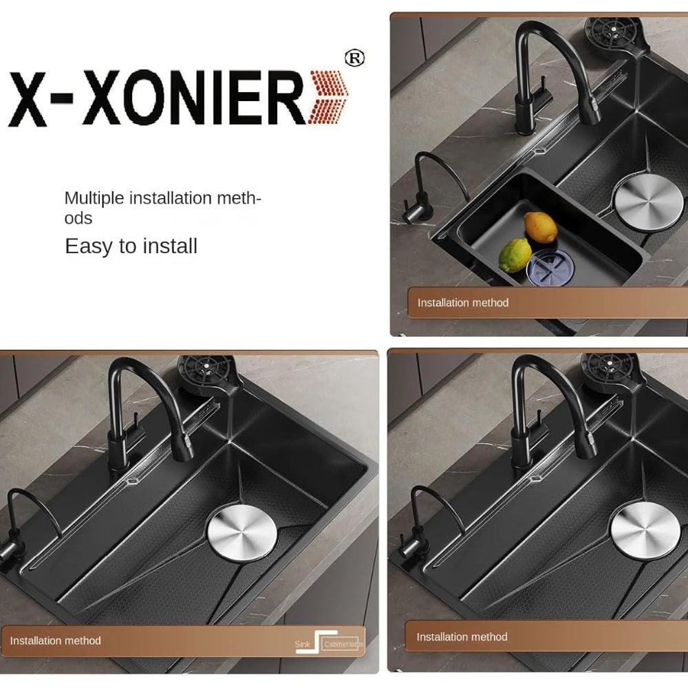 X-XONIER Kitchen Sink All In One 304 Grade Stainless Steel Multipurpose Multifunction 3 Mode Tap with Pullout Feature Glass Washer Soap Disp. Mini Sink Single Bowl Kitchen Sink (30x 20x 9)