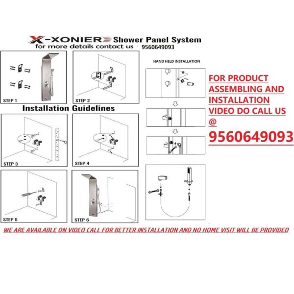 X-XONIER Stainless Steel 304 Grade Shower Panel 4-in-1 Tower System Rainfall Shower Body Massage Spray Handheld Shower Easy Connect Brushed Finish Silver