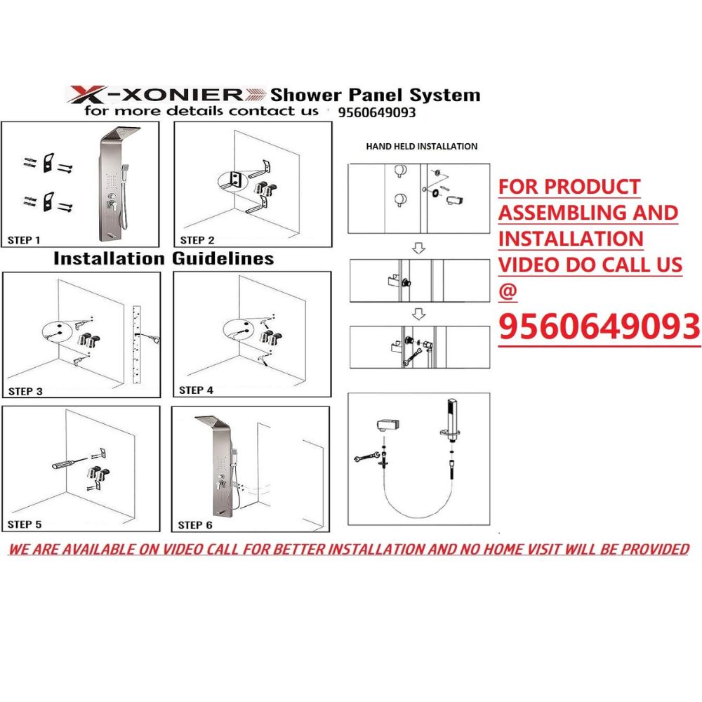 X-XONIER Stainless Steel 304 Grade Shower Panel 4-in-1 Tower System Rainfall Shower Body Massage Spray Handheld Shower Easy Connect Brushed Finish Silver