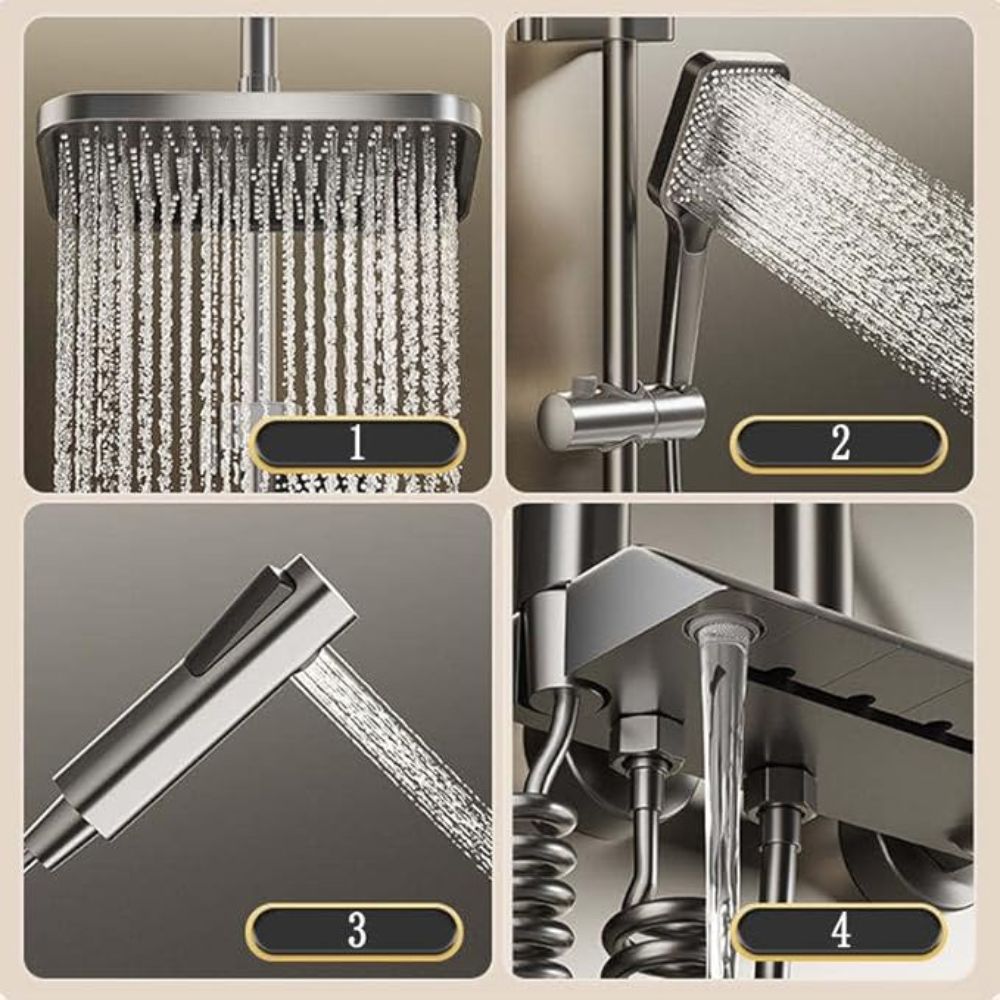 X-XONIER® Digital Thermostatic Brass Shower System, Wall Mount, 4-Function Digital Display with Overhead Rain Shower, 3 Ways Hand Shower, Body Jets, Hidden Tub Spout Hot & Cold Mixer, Grey