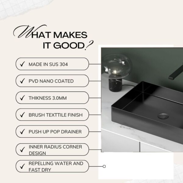 X-XONIER Stainless Steel Wash Basin Countertop Table top Bathroom Sink Washbasin Over Counter for Bathroom Resturent Living room Luxury Matt Black