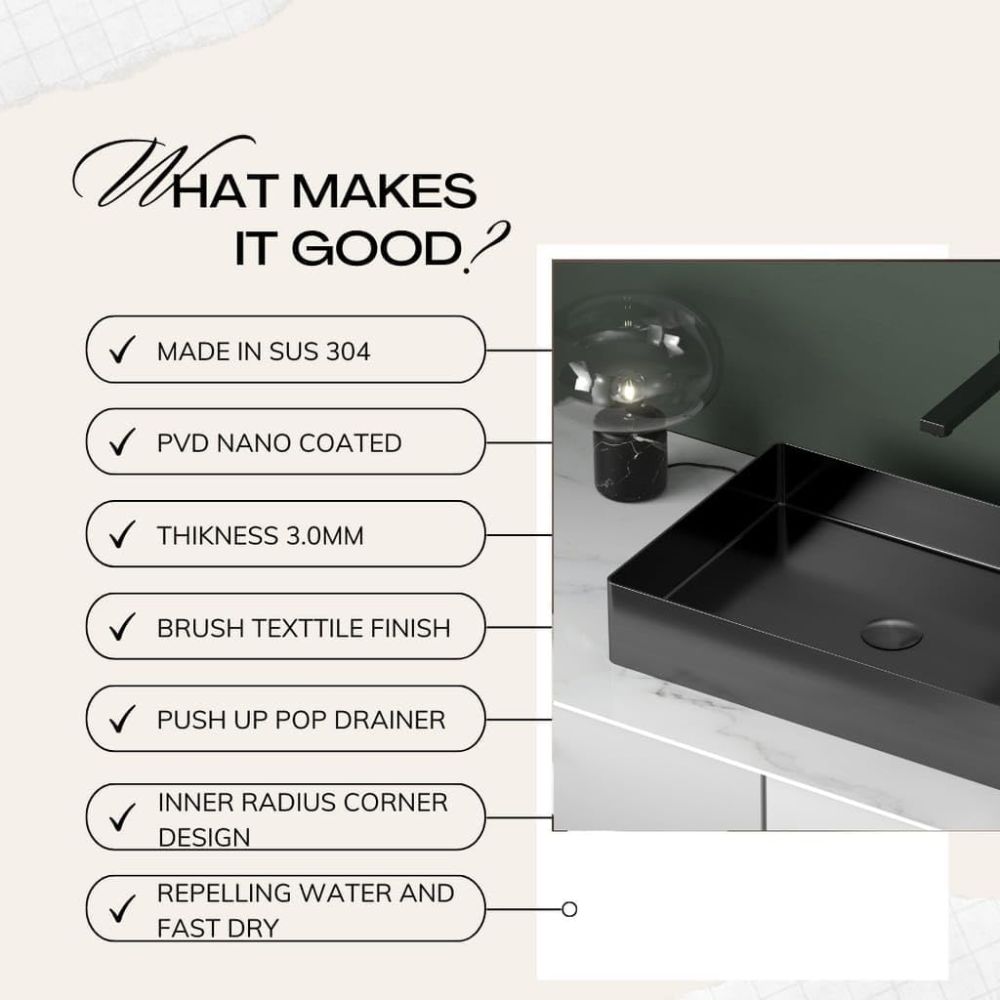 X-XONIER Stainless Steel Wash Basin Countertop Table top Bathroom Sink Washbasin Over Counter for Bathroom Resturent Living room Luxury Matt Black