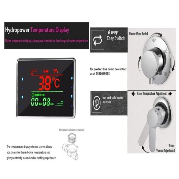 X-XONIER® Stainless Steel 304 Grade Shower Panel 6in1+ Extra Large 3Ways Hand Shower Tower System With LED Rainfall Waterfall Shower 2Body Massage 4Mist Spray Temperature Display Shower Panel.(Black) - Image 5