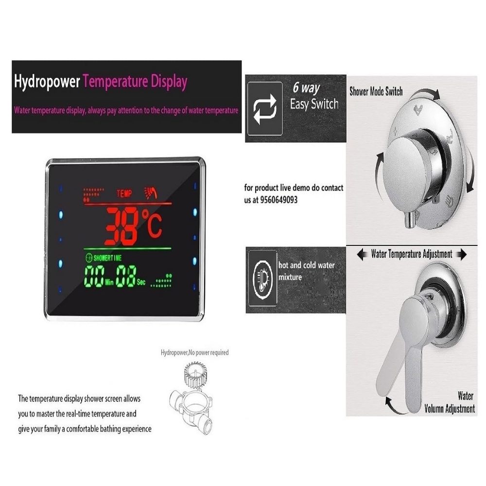 X-XONIER® Stainless Steel 304 Grade Shower Panel 6in1+ Extra Large 3Ways Hand Shower Tower System With LED Rainfall Waterfall Shower 2Body Massage 4Mist Spray Temperature Display Shower Panel.(Black) - Image 5