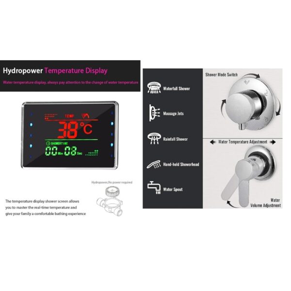 X-XONIER Stainless Steel 304 Grade Shower Panel 6 in 1 Modern Tower System With Rainfall and waterfall Shower Body Massage Spray SS Handheld Shower Temperature Display. (BLACK) - Image 5