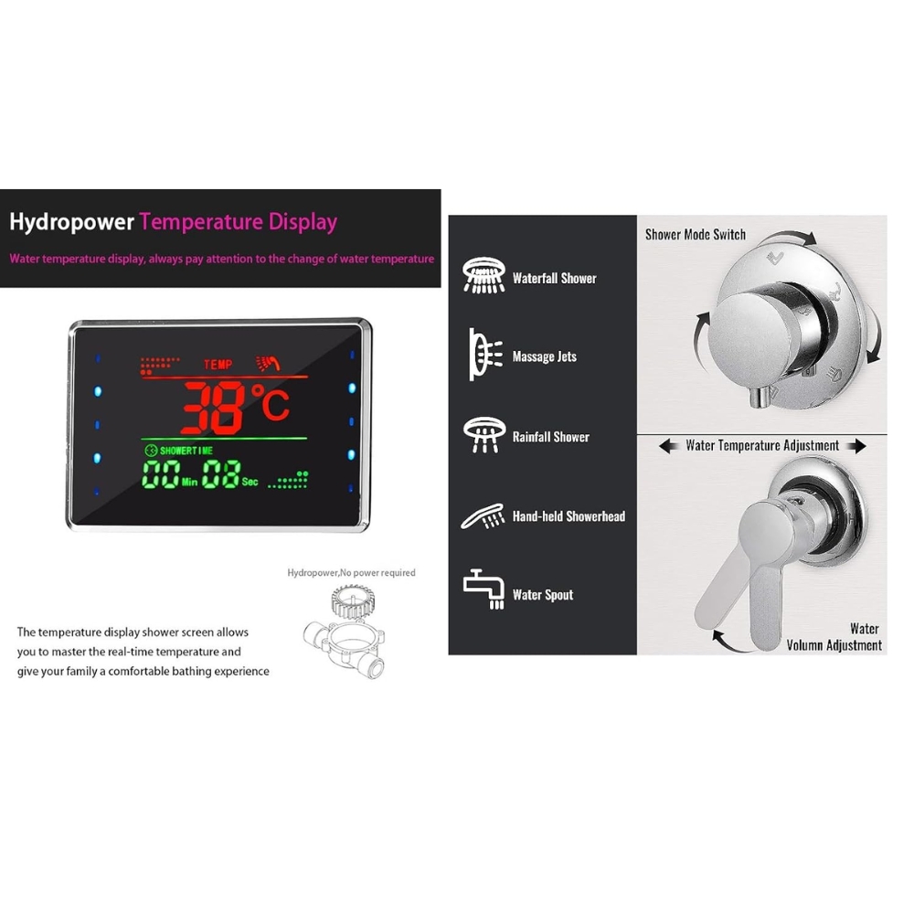X-XONIER Stainless Steel 304 Grade Shower Panel 6 in 1 Modern Tower System With Rainfall and waterfall Shower Body Massage Spray SS Handheld Shower Temperature Display. (BLACK) - Image 5