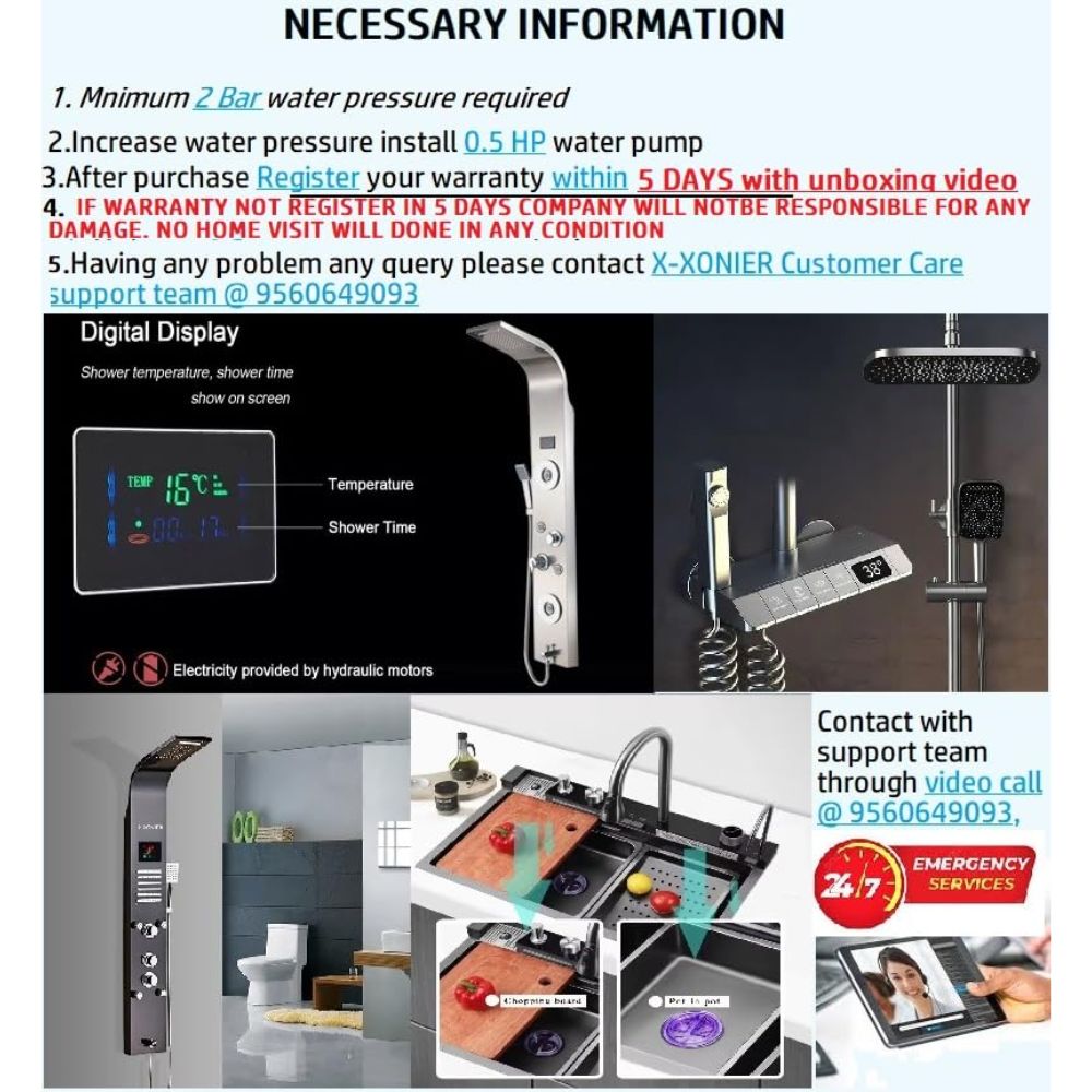 X-XONIER Stainless Steel 304 Grade 6 IN 1 Shower Panel Thermostatic with Child Safty Lock Tower System