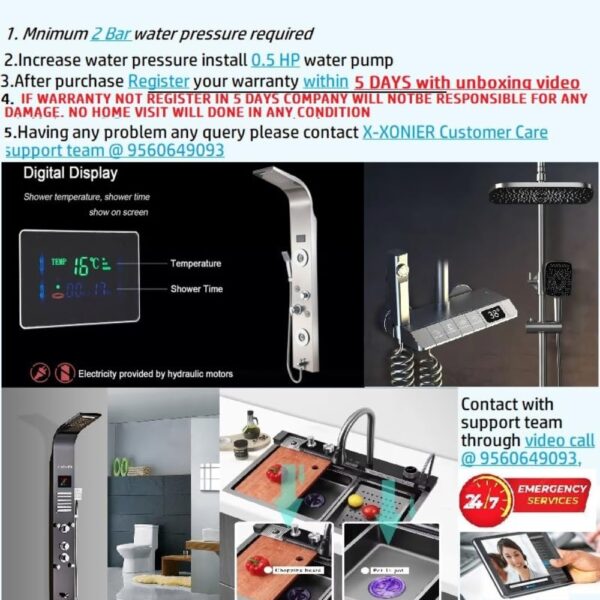 X-XONIER Stainless Steel 304 Grade Shower Panel 6 in 1 Modern Tower System With Rainfall and waterfall Shower Body Massage Spray SS Handheld Shower Temperature Display. (BLACK) - Image 6