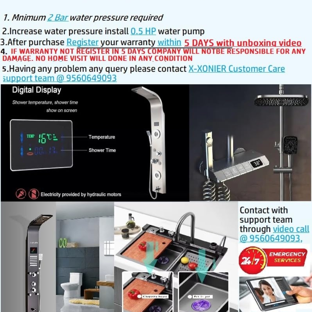 X-XONIER Stainless Steel 304 Grade Shower Panel 6 in 1 Modern Tower System With Rainfall and waterfall Shower Body Massage Spray SS Handheld Shower Temperature Display. (BLACK) - Image 6