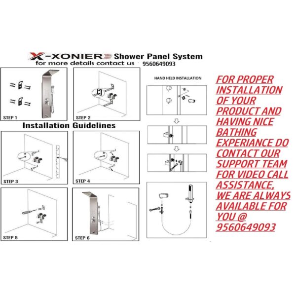 X-XONIER Stainless Steel 304 Grade Shower Panel 6in1 Tower System With LED Rainfall Shower Body Massage Spray SS Handheld Shower Temperature Display Easy Connect Shower Panel Mirror Finish Black - Image 3