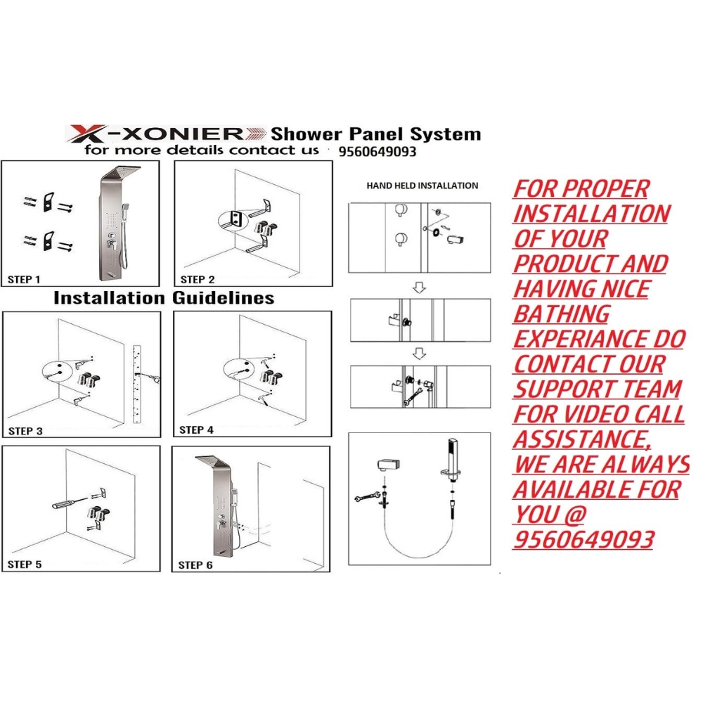 X-XONIER Stainless Steel 304 Grade Shower Panel 6in1 Tower System With LED Rainfall Shower Body Massage Spray SS Handheld Shower Temperature Display Easy Connect Shower Panel Mirror Finish Black - Image 3