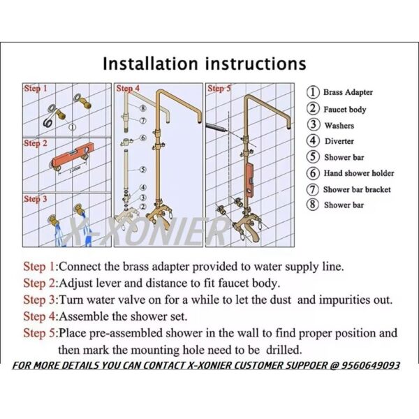X-XONIER SS Shower Set 3 in 1 Nobe Shower Panel with Head Shower & 3 Ways Hand Shower and Tub Spout Silver Pack of 1