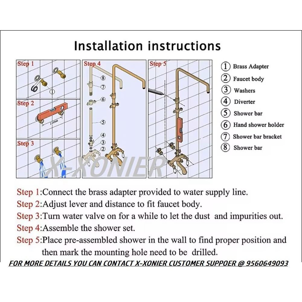X-XONIER SS Shower Set 3 in 1 Nobe Shower Panel with Head Shower & 3 Ways Hand Shower and Tub Spout Silver Pack of 1