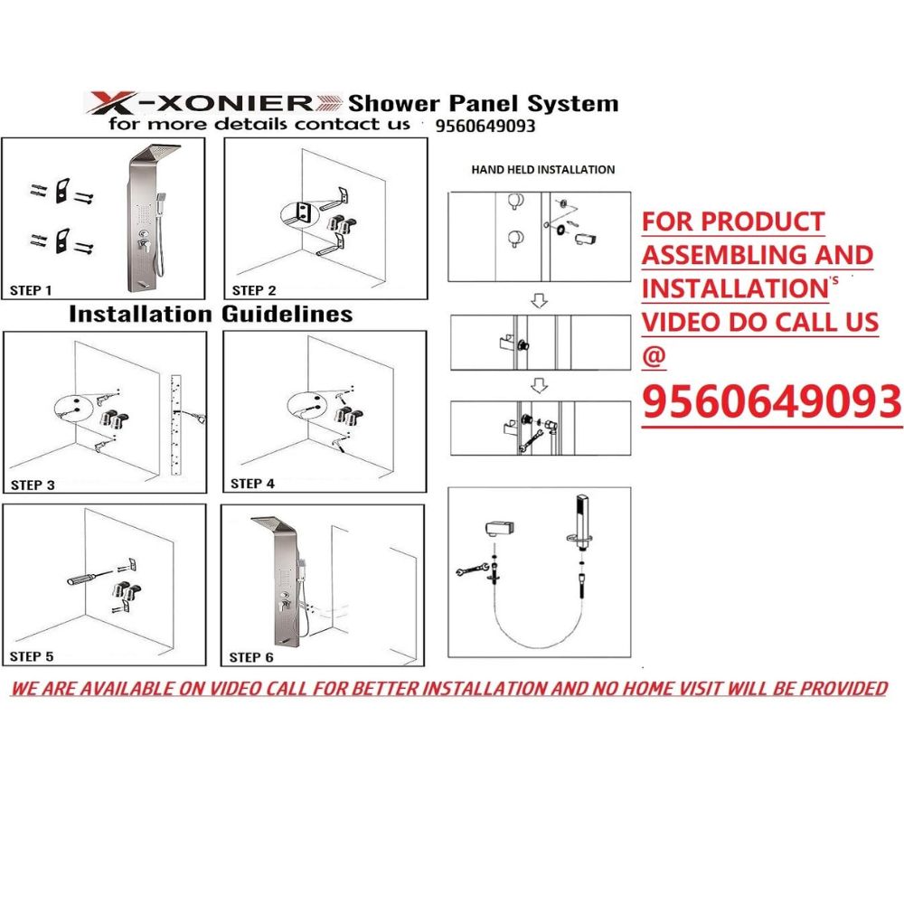 X-XONIER® Stainless Steel 304 Grade Thermostatic Shower Panel 7in1+3 Ways Extra Large HandShower set,Health Faucet With LED Rainfall, Waterfall, Body Massager, 6 Mist Spray Temp. Display (Silver)