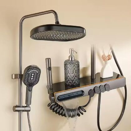 X-XONIER Luxury 5in1 Thermostatic Shower System,front Power Mist Spray,Large Overhead Shower+Extra Large13cm,4Ways Handheld,Hidden Tub Spout,1mode biget,Hot$Cold mixture Shower set shower panel (Gray)