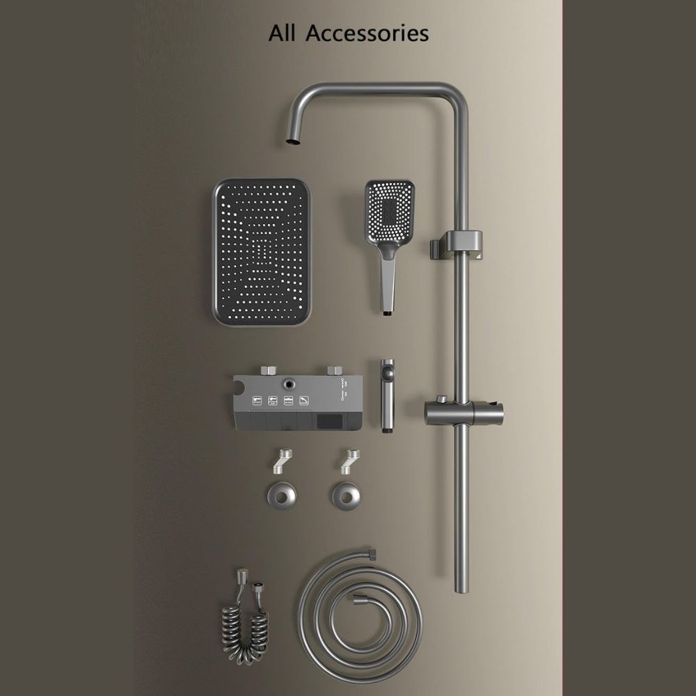 X-XONIER® Digital Thermostatic Brass Shower System, Wall Mount, 4-Function Digital Display with Overhead Rain Shower, 3 Ways Hand Shower, Body Jets, Hidden Tub Spout Hot & Cold Mixer, Grey