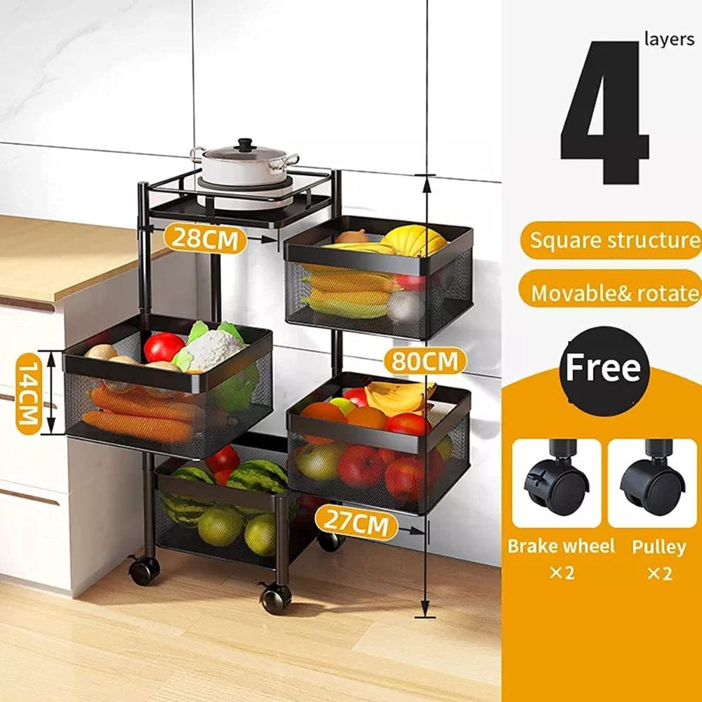 X-XONIER Rotating Kitchen Stand Trolley, Portable Storage Rack, Fruits and Vegetable Basket Organizer for Kitchen (Portable Storage Rack_4TRAY)