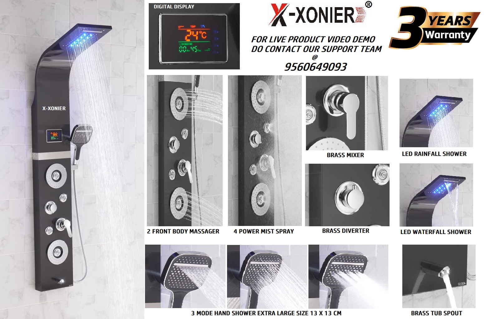 X-XONIER Stainless Steel 304 Grade Shower Panel 7in1 Tower System With LED Rainfall Shower Body Massage Spray SS Handheld Shower Temperature Display Easy Connect Shower Panel Brush Finish Black - Image 2