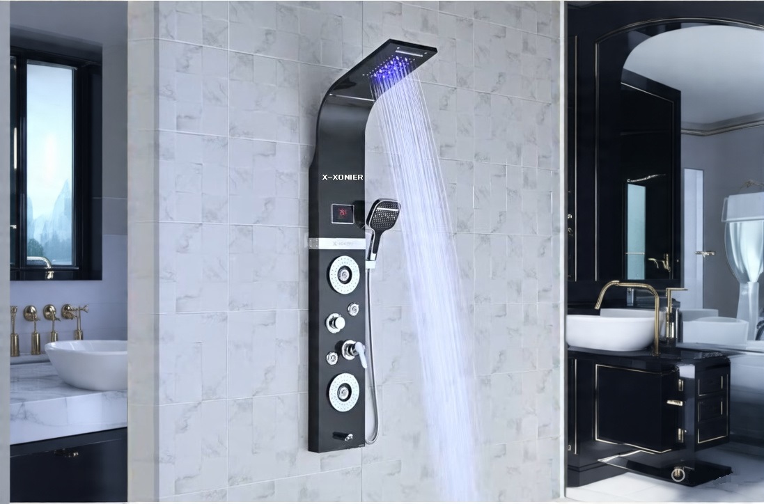 X-XONIER Stainless Steel 304 Grade Shower Panel 7in1 Tower System With LED Rainfall Shower Body Massage Spray SS Handheld Shower Temperature Display Easy Connect Shower Panel Brush Finish Black