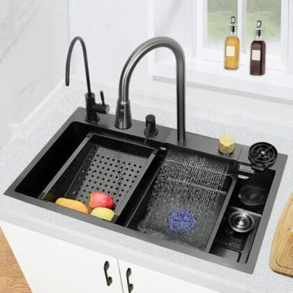 X-XONIER Kitchen Sink All In One 304 Grade Stainless Steel Multipurpose Multifunction 3 Mode Tap with Pullout Feature Glass Washer Soap Disp. Mini Sink Single Bowl Kitchen Sink (30x 20x 9)