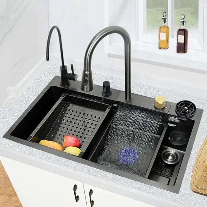 X-XONIER Kitchen Sink All In One 304 Grade Stainless Steel Multipurpose Multifunction 3 Mode Tap with Pullout Feature Glass Washer Soap Disp. Mini Sink Single Bowl Kitchen Sink (30x 20x 9)