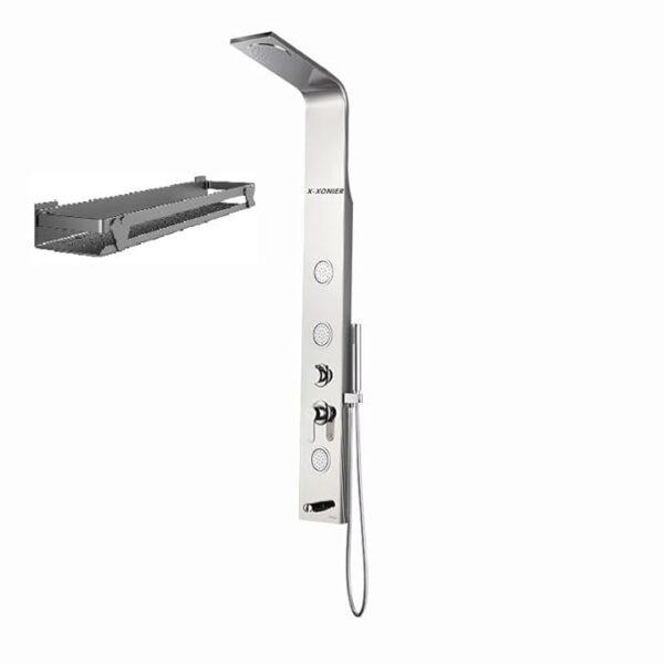 X-XONIER Stainless Steel 304 Grade Shower Panel 4-in-1 Tower System Rainfall Shower Body Massage Spray Handheld Shower Easy Connect Brushed Finish Silver