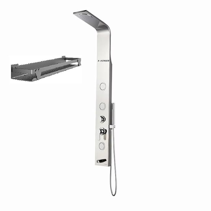 X-XONIER Stainless Steel 304 Grade Shower Panel 4-in-1 Tower System Rainfall Shower Body Massage Spray Handheld Shower Easy Connect Brushed Finish Silver