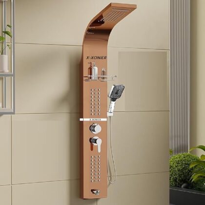 X-XONIER Stainless Steel 304 Grade Shower Panel 5 In 1 Tower System, Rainfall Shower, Body Massage Spray, Handheld, Wall Mount Easy Connect Multifunction Panel Kit, Mirror Finish. (Rose Gold)