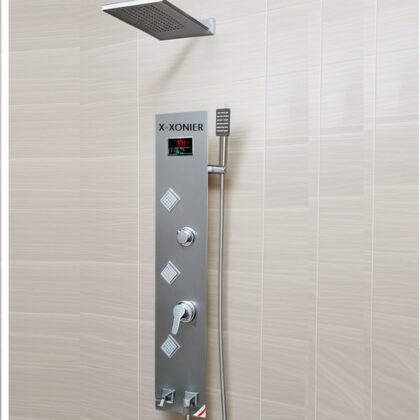 X-XONIER Stainless Steel 304 Grade Shower Panel 6 in 1 Modern Tower System With Rainfall and Waterfall Shower Body Massage Spray SS Handheld Shower Temperature Display. (SILVER)