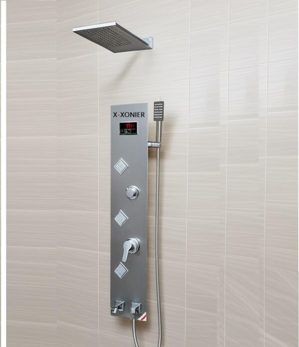 X-XONIER Stainless Steel 304 Grade Shower Panel 6 in 1 Modern Tower System With Rainfall and Waterfall Shower Body Massage Spray SS Handheld Shower Temperature Display. (SILVER)