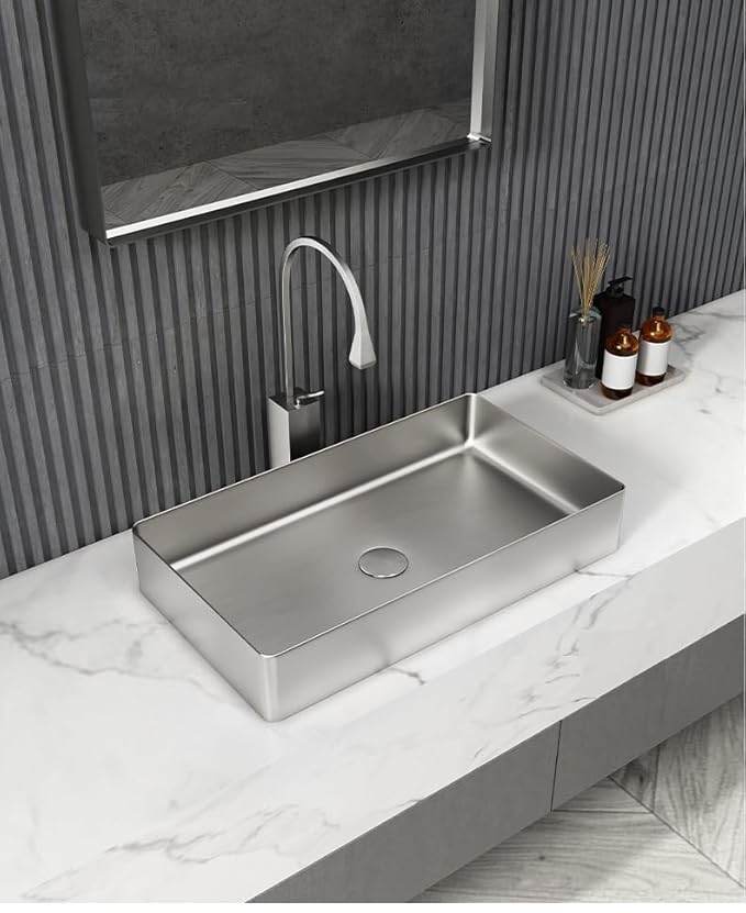X-XONIER Stainless Steel Wash Basin Countertop Table top Bathroom Sink Washbasin Over Counter for Bathroom Resturent Living room Luxury Matt Silver