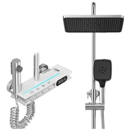 X-XONIER Thermostatic Shower Panel Full Set for Bathroom Shower set piano 4 in 1 Temperature Display Hand Shower Over head shower Mixture Hot and Cold Jet spray White Led