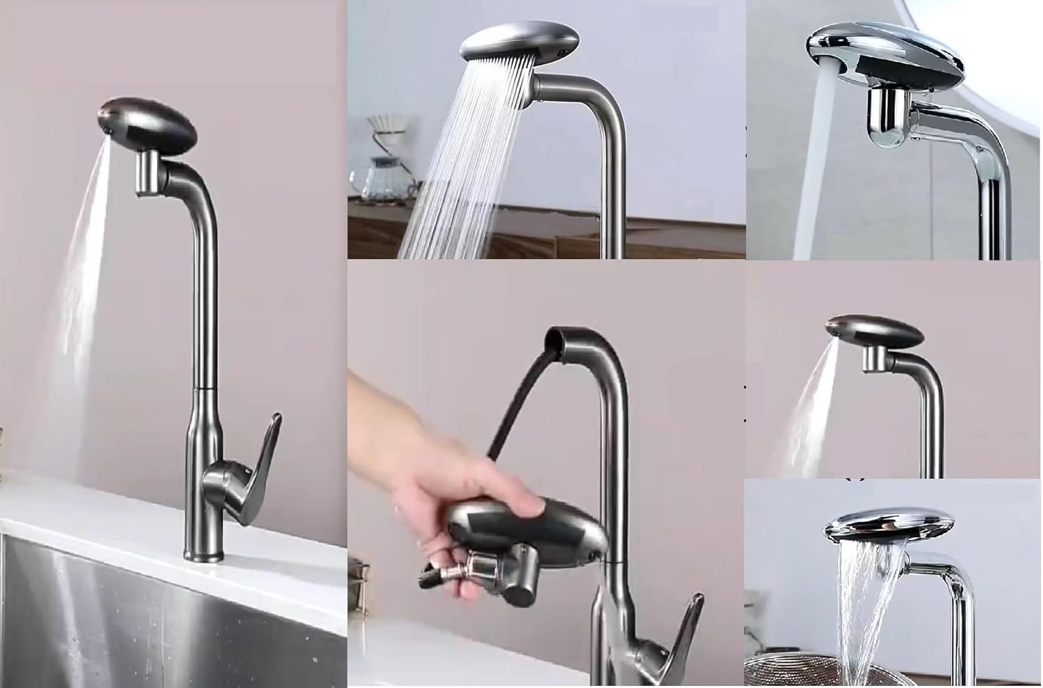 X-XONIER Waterfall 5 in 1 Pull Down Faucet 360° Rotating Single Handel Hot and Cold Mixer Long Neck for Sink Bathroom and Kitchen Black (Black)