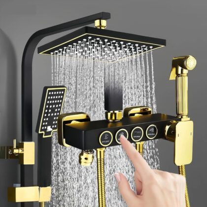 X-XONIER® Black and Gold Thermostatic Shower Panel System, 4-in-1 with Push Switches, Head Shower, Tub Spout, Handheld Bidet (Black Gold)