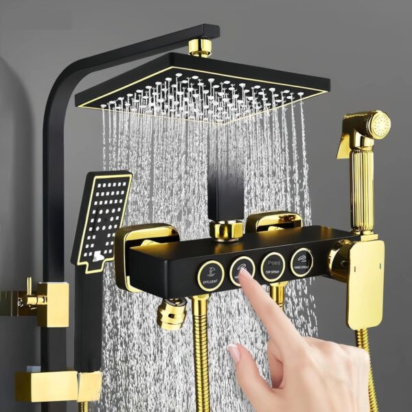 X-XONIER® Black and Gold Thermostatic Shower Panel System, 4-in-1 with Push Switches, Head Shower, Tub Spout, Handheld Bidet (Black Gold)