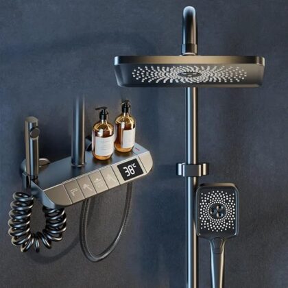 X-XONIER® Digital Thermostatic Brass Shower System, Wall Mount, 4-Function Digital Display with Overhead Rain Shower, 3 Ways Hand Shower, Body Jets, Hidden Tub Spout Hot & Cold Mixer, Grey