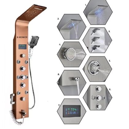 X-XONIER® Stainless Steel 304 Grade Thermostatic Shower Panel 7in1+3 Ways Extra Large HandShower set,Health Faucet With LED Rainfall, Waterfall, Body Massager, 6 Mist Spray Temp. Display (R Gold)