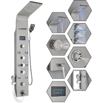 X-XONIER® Stainless Steel 304 Grade Thermostatic Shower Panel 7in1+3 Ways Extra Large HandShower set,Health Faucet With LED Rainfall, Waterfall, Body Massager, 6 Mist Spray Temp. Display (Silver)