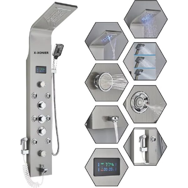 X-XONIER® Stainless Steel 304 Grade Thermostatic Shower Panel 7in1+3 Ways Extra Large HandShower set,Health Faucet With LED Rainfall, Waterfall, Body Massager, 6 Mist Spray Temp. Display (Silver)