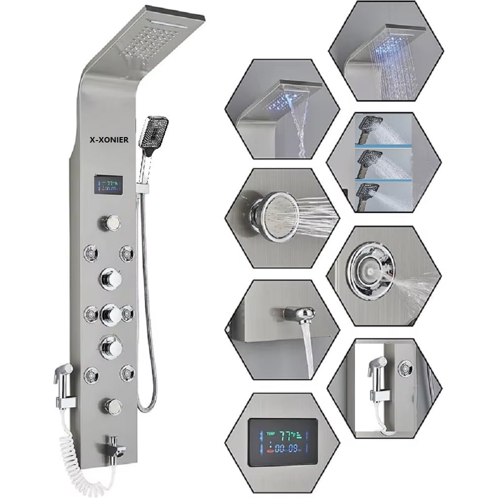 X-XONIER® Stainless Steel 304 Grade Thermostatic Shower Panel 7in1+3 Ways Extra Large HandShower set,Health Faucet With LED Rainfall, Waterfall, Body Massager, 6 Mist Spray Temp. Display (Silver)