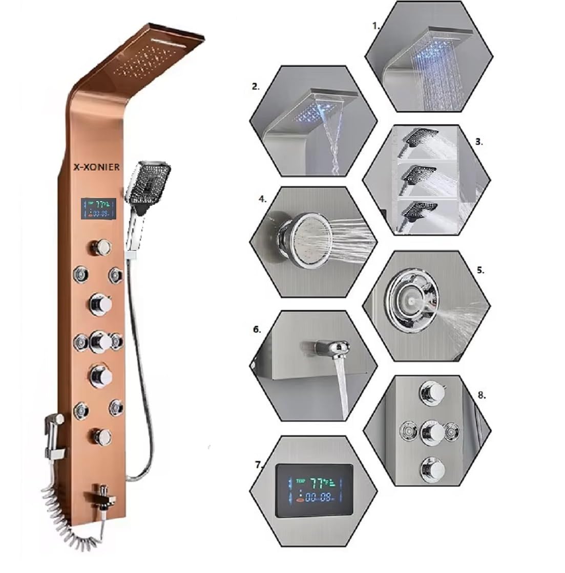 X-XONIER® Stainless Steel 304 Grade Thermostatic Shower Panel 7in1+3 Ways Extra Large HandShower set,Health Faucet With LED Rainfall, Waterfall, Body Massager, 6 Mist Spray Temp. Display (R Gold)