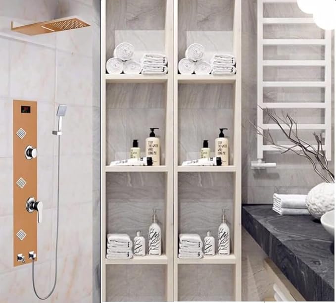 X-XONIER® Stainless Steel 304 Grade shower Panel 6 in 1 Tower System With Led Rainfall Shower Body Massage Spray SSHandheld shower Temperature Display.(Rose Gold)