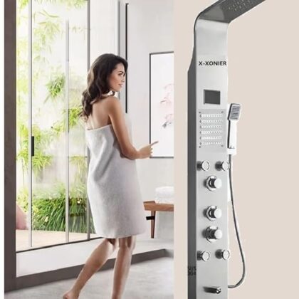 X-XONIER® Stainless Steel Shower 304 Grade Panel 6 in 1 Panel, Rainfall, Waterfall Shower, Body Massage Mist Spray, SS Handheld, Temperature Display, Hot & Cold Mixer (Silver)