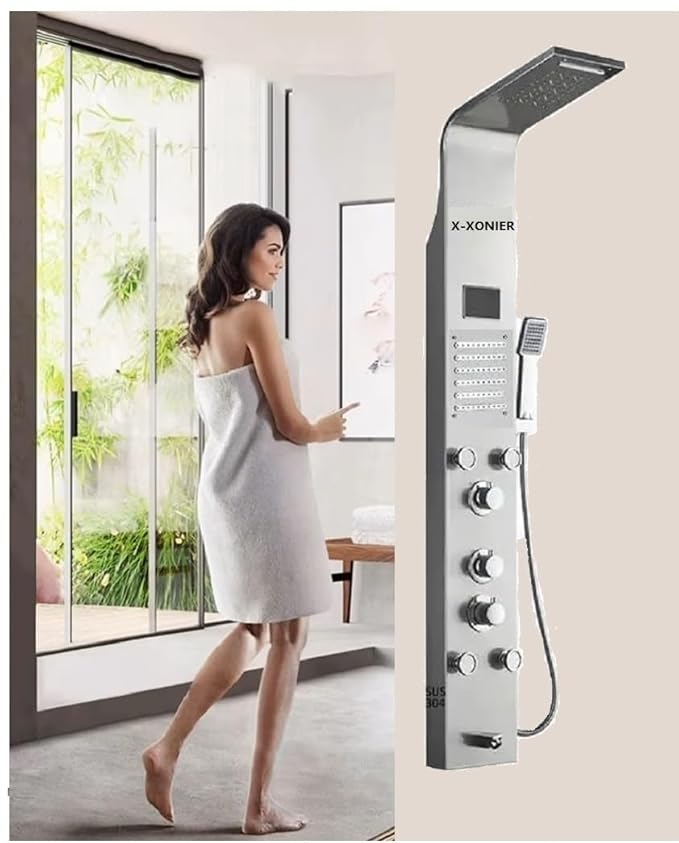 X-XONIER® Stainless Steel Shower 304 Grade Panel 6 in 1 Panel, Rainfall, Waterfall Shower, Body Massage Mist Spray, SS Handheld, Temperature Display, Hot & Cold Mixer (Silver)