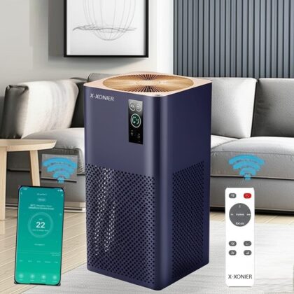 X-XONIER® Smart Air Purifier WiFi HEPA13 Filter 800 sq ft Coverage Touch Control Remote & App Control Activated Carbon Remove AirPollutants upto 99% Micro Allergens 5 Stage Filter PM2.5&Temp Navy Blue
