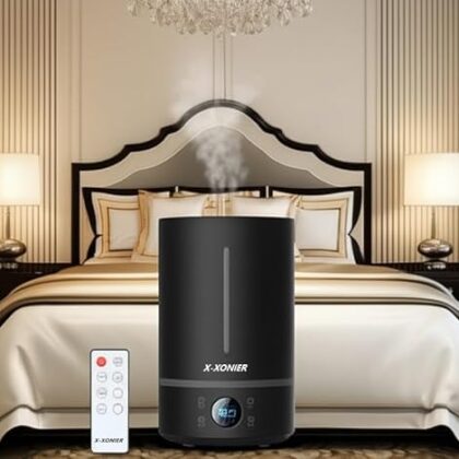 X-XONIER® Ultrasonic Cool Mist Humidifier, 7 Liters, Auto Sensor, Touch Panel Remote Control Mist 360°, Auto Shut Off & Start, Aroma Diffuser, Sleep Mode, Top Filling Elegand Black