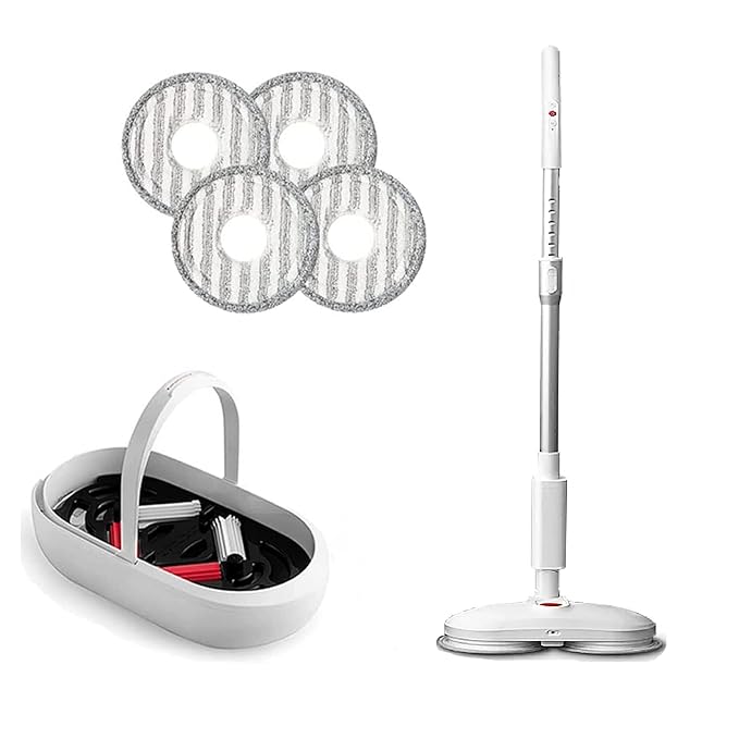 X-XONIER Plastic Smart Spin Electric Mop with Bucket & Dual Pad,Power Cleaning, Self Wash & Dry, Remote Operation, 360 Cleaning, Rechargeable & Replaceable Battery, Extra Pads Expendable Handle White