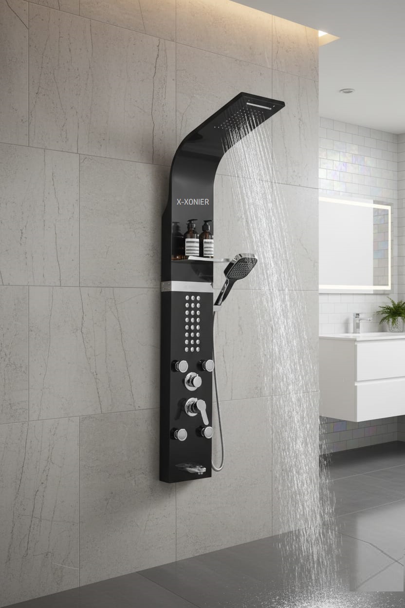 X-XONIER 304 Grade Stainless Steel Shower Panel 6 in 1 Shower System Handshower with Waterfall Outlet Tub Spout Body Massage Spray With Hot &cold Mixer Black